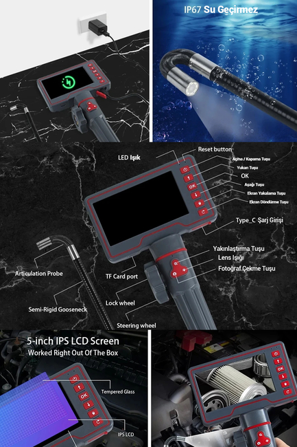 Dorf Endoskopi Cihazı Motor İçi Görüntüleme 3.9 mm 180 Derece Eklemli Oynayabilir Kamera Boroskop - Thumbnail